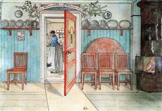 a drawing of a woman standing in front of a kitchen door with chairs around her