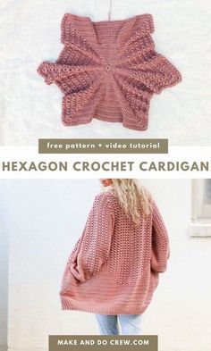 a woman wearing a pink knitted cardigan with the words hexagon crochet cardigan on it