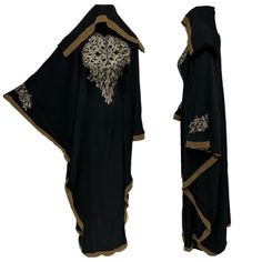 Black Butterfly Abaya Farasha Jalabiya Arab Dress with Embroidery. As a result, comes in original plastic wrap with Hijab included. Beautiful material with a premium feel. Exclusive new design Abaya.      Comes with scarf  colour: black  come with 2 belt inside that allow you to adjust the size  material : nida  Latest new design!  Suitable for easy iron.   Do not tumble dry.  Dry clean  hand wash  Abayas are known by many name such as modest Islamic clothing, jilbab, jalabiya Arab rob, long dress, Muslim clothing, Kimonos, Hijab. However, they serve the same purpose: to cover. Other models are usually kaftans, cut from light, flowing fabrics like crepe, georgette, nida, and chiffon. Other known styles are open ,closed front, Batwing. Styles differ from region. Some have embroidery and bea Traditional Long Niqab For Eid, Black Long Kaftan With Dabka Work, Black Kaftan With Dabka Work For Eid, Eid Black Kaftan With Dabka Work, Black Dabka Work Kaftan For Eid, Traditional Black Agbada For Ceremonies, Traditional Niqab With Dabka For Eid, Traditional Dabka Niqab For Eid, Traditional Niqab For Eid