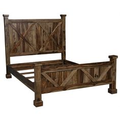 a bed with wooden headboard and foot board made out of wood planks on an isolated white background