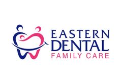 the eastern dental family care logo is shown in blue and pink colors on a white background