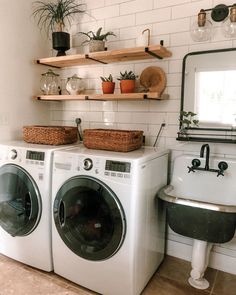 a washer and dryer in a room with plants on the shelves above them