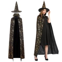 a woman wearing a black and gold witch costume with a long cape, hat and cloak