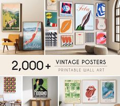 vintage posters and printable wall art are displayed in this collage for $ 2, 000