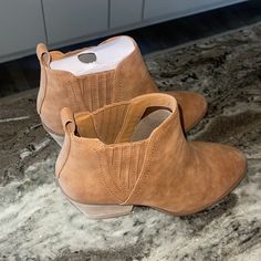 Brand New Brown Booties Casual Slip-on Booties With Stacked Heel, Brown Casual Almond Toe Booties, Casual Brown Almond Toe Booties, Casual Brown Booties, Casual Brown Booties For Spring, Casual Brown Pointed Toe Booties, Casual Brown Booties With Stacked Heel, Casual Brown Slip-on Booties, Spring Brown Slip-on Booties