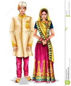 Uttar Pradesh Traditional Dress, Madhya Pradesh Traditional Dress, Traditional Dress For Men, Illustration Of Couple, Indian States, Theme Board, Indian Couple, Indian Wedding Couple, Dress Illustration