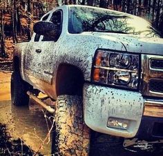 a truck is driving through some mud in the woods