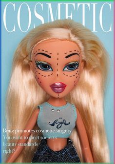 a doll with long blonde hair and blue eyes is featured in the cover of cosmetic cosmetics magazine