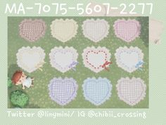 a bunch of hearts that are next to each other on a green background with the words ma - 055 - 607 - 22 27 17