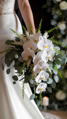 Lush Orchid and Greenery Wedding Bouquets White Phalaenopsis Orchid Bouquet, Orchid And Greenery Bouquet, Orchid And Eucalyptus Bouquet, Cascade Orchid Bouquet, Fall Orchid Bouquet, Wedding Orchids Decoration, Bridal Bouquet White With Greenery, Beach Wedding Bouquet Ideas, Bouquet Wedding Greenery