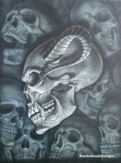 a drawing of skulls with horns and snakes on it's head, surrounded by other skulls