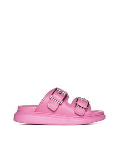 100% Rubber Luxury Summer Slides With Buckle Closure, Luxury Summer Footbed Sandals With Removable Insole, Designer Summer Slides With Buckle Closure, Pink Double Strap Slides For Spring, Pink Double Strap Slides For Summer, Designer Slide Sandals For Spring, Luxury Summer Sandals With Cushioned Footbed, Luxury Summer Footbed Sandals With Cushioned Footbed, Luxury Cushioned Footbed Sandals For Summer