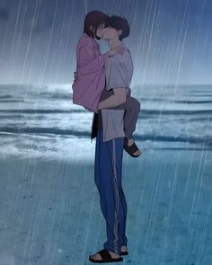 two people standing in the rain with one holding the other's arm around his neck