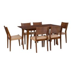 a dining table with six chairs and one chair in the middle, on a white background