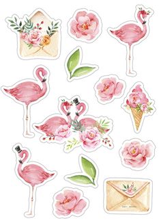 pink flamingos and flowers stickers on a white background