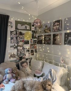 a dog laying on top of a bed covered in pillows and blankets next to pictures