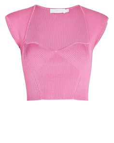 Back to the basics with a twist: the label's Abia ribbed crop top is defined by a structured sweetheart neck and cap sleeves.   Fabric: 80% rayon, 20% nylon.   Dry clean.   Imported.   Model is 5'10" and wearing size S.   Length from shoulder to hem: 16.25". Rib Knit Crop Top, Preppy Tops, Looks Party, Cute Preppy Outfits, Ribbed Crop Top, Jonathan Simkhai, Really Cute Outfits, Knit Crop Top, Pink Top