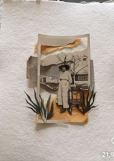 an old photo with some plants on it and a piece of paper that has been cut out