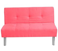 the futon sofa is bright pink and has metal legs