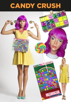 a woman in yellow dress holding candy crush