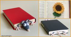 there are three pictures of books with crocheted mice and a sunflower on them