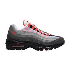 Find NIKE Air Max 95 Og 'solar Red on Editorialist. A style and colorway takedown from '95, the Air Max 95 OG 'Solar Red' sneaker re-emerged from the Nike vault for release in July of 2018. Its crisp white collar is complemented by a matching mesh eyestay with red eyelets and a red-lined tongue. Various shades of grey nubuck cover the sides in a gradient fashion until reaching a dark grey mudguard. The sneaker is finished with a black sole and Solar Red detailing on the Swoosh, branding and visible Air Units. Red Basketball Shoes With Rubber Waffle Outsoles For Streetwear, Casual Nike Air Max For Streetwear With Air Cushioning, Nike Air Max Casual Streetwear Shoes, Sporty Red Basketball Shoes With Rubber Waffle Outsoles, Orange Air Max Sneakers For Streetwear, Orange Sneakers With Air Cushioning For Streetwear, Orange Custom Sneakers With Air Cushioning For Streetwear, Orange Sneakers With Air Max Cushioning For Streetwear, Red Athleisure Sneakers With Air Cushioning