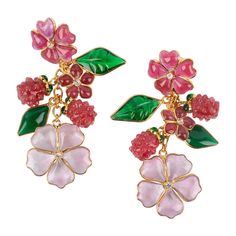 Augustine- (Made in France) Golden metal earrings with glass paste raspberries and flowers in pink and green tones. Additional information: Condition: Very good condition Dimensions: Length: 8 cm Seller Reference: BO254