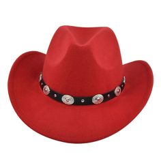 Red Western Cowboy, Cowgirl Hat, Black & Silver Strap, Men Women, Wide Brim Western Style Red Felt Hat For Winter, Western Red Felt Hat For Winter, Red Western Hat Bands For Winter, Western Style Red Hat Bands For Winter, Western Red Hat Bands For Winter, Red Western Style Party Hat, Fitted Red Western Felt Hat, Red Western-style Party Hat, Red Adjustable Winter Felt Hat