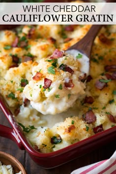 a casserole dish with potatoes, bacon and parmesan cheese in it