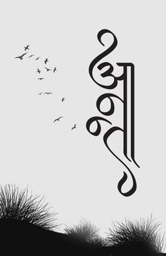 the word is written in black and white with birds flying around it on a gray background