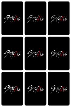 six square coasters with the word stay on them in red and white ink, against a black background