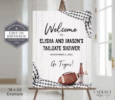 a welcome sign with a football and gingham checkered table cloth on it