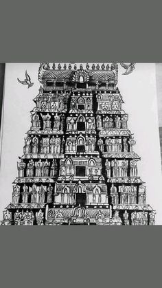 a drawing of an ornate building with birds flying around it and the top part of its tower