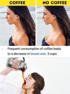 a woman is drinking from a cup with coffee in her hand and the caption says no coffee, no coffee frequent consumption of coffee leads to a disease in breast size 3 cups