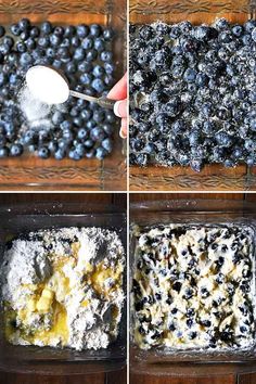 four photos showing how to make blueberry cheesecake in a glass dish with a spoon