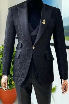 Brady Glamorous Black Peaked Lapel Three Pieces Jacquard Prom Suits Luxury Tuxedo Three-piece Suit For Black-tie Events, Prom Turtleneck Men, Prom Tuxedo Black, Prom Men Suits, Suits Men For Prom, Prom Fits For Guys Black, Prom Suit Ideas For Men, Black Suits For Prom, Fancy Mens Suits