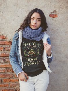 "May Your Days Be Merry With Rights" Subtle Feminist Holiday Shirt: Spread Cheer and Empowerment! 🌲✊ 'Tis the season to call out the need for equality! Our exclusive "May Your Days Be Merry With Rights" Reproductive Rights Holiday Shirt is the perfect way to infuse your holiday spirit with a touch of advocacy and festive flair. 🌟 Shirt Highlights: 💪 **Empowerment in Every Stitch This shirt combines holiday cheer with a bold feminist message, reminding everyone that the season is for demanding rights and equality for all. 🎄 **Festive Design The holiday-inspired typography adds a touch of merriment, making it a perfect choice for festive gatherings or a standout addition to your holiday wardrobe. 🌟 **Quality Comfort Crafted with care, this shirt is made from soft, high-quality materials Rap Fashion, Apres Ski Sweater, Weekend Sweatshirt, Dark Academia Style, Blessed Shirt, Academia Style, Sports Sweatshirts, Sweatshirt Women, Hip Hop Rap