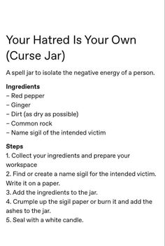 Hex Your Ex Spell Jar, Reclaim Your Power Spell, Hex Protection Spell Jar, Hex Spell Jars Recipes, Hex Recipe, Hex Jar Witchcraft, How To Hex Someone Spell Jar, Hex Spell Curse Jar, Jinxes Witchcraft