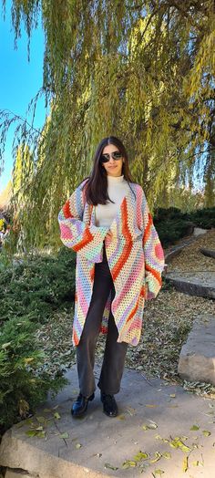 Oversized Crochet Outerwear For Spring, One Size Hand Knitted Outerwear For Spring, Handmade One Size Outerwear For Spring, Oversized Crochet Outerwear For Fall, Multicolor Oversized Open Front Cardigan, Oversized Multicolor Open Front Cardigan, Oversized Multicolor Crochet Outerwear, Oversized Multicolor Knitted Outerwear, Handmade Multicolor Oversized Outerwear