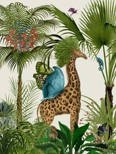 a giraffe standing in the middle of jungle with birds and flowers on it