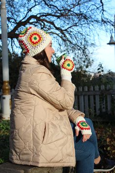 Crochet Winter Accesory, Knitted Beanie and Gloves, Gift For Woman, Granny Square Beanie Set, Handmade Crochet Accessory, Multicolor collar I crocheted berets and gloves with granny square motifs knitted with the most beautiful colors of this winter season for you in edlim.     You can buy these hand-knitted berets and gloves, which will reflect your festive colors and bohemian style, protect you from the cold and keep you warm and have a style at the same time, as a beret or glove only, or as a Winter Cream Crochet Hat, White Crochet Hat For Fall, Cream Crochet Hat For Winter, One Size, Cream Crochet Hat For Winter, Hand Knitted Fitted Crochet Winter Hat, Cream Winter Crochet Hat One Size, Hand Knitted Cream Crochet Hat For Winter, Hand-knitted Cream Crochet Hat For Winter, Cream Hand Knitted Crochet Hat For Winter