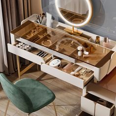 a dressing table with drawers and a mirror on it's side next to a chair