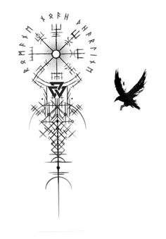 a black and white photo of a bird flying next to a clock with symbols on it