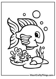 a cartoon fish with bubbles in the water coloring pages for kids to print and color