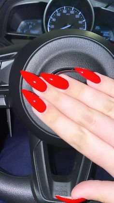 Crimson Nails Acrylic, Ferrari Red Nails Design, Red Pointy Nails, Apple Red Nails, Ferrari Red Nails, Red Shimmer Nails, Beautiful Red Nails, Red Almond Nails, Ruby Nails