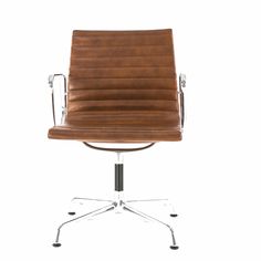 a brown leather office chair sitting on top of a metal base