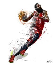 a painting of a basketball player with a ball in his hand and watercolor paint splatters around him