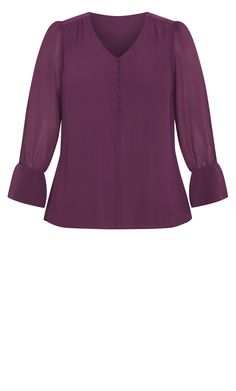 Go for chic color this season in our plum-hued Alena Blouse, a desk-to-dinner beauty! featuring a V-neckline and dreamy flared sleeves, you'll feel oh-so confident in this staple piece. Key Features Include: - V-neckline - Functional button-up neckline detail - Long sleeves with flared triple button cuffs - Pull-over fit - Darted bust for shape - Non-stretch fabrication - Lined bodice - Hip-length hemline Heading out for a day of meetings? Upstyle with tailored black trousers and chain embellish Perfect Blouse, Plus Size Blouse, Black Trousers, Plus Size Blouses, Staple Pieces, Hip Length, Flared Sleeves, All Seasons, Capsule Wardrobe