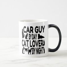 a black and white coffee mug that says car guy by day cat lover by night