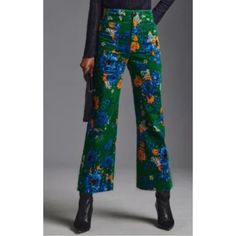 Colette Cropped Velvet Wide-Leg Pants By Maeve Velvet Fabric With Floral Design; Front-Patch Pockets Zip And Button Front; Back-Patch Pockets; 2%Elastane 98% Cotton **Brand New** Smoke Free/Pet Free Home Dimensions Standard: 12.25" Rise 26" Inseam 10.75" Leg Opening Petite: 11.75" Rise 10.75" Inseam 10.75" Leg Opening Plus: 12" Rise 25" Inseam 12" Leg Opening Tall: 12.875" Rise 29" Inseam 10.5" Leg Opening Fitted Green Wide-leg Jeans, Chic Green Jeans For Fall, Full Length Green Pants For Fall, Floral Print Full-length Pants For Fall, Fitted Wide-leg Jeans For Fall, Fall Floral Print Full Length Pants, Green Floral Print Wide-leg Pants, Floral Print Straight Pants For Fall, Chic Green Floral Print Pants